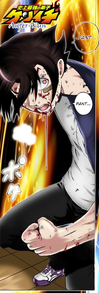 Kenichi Gets Back Up After Ogata Counters Mubyoshi (With Flames in the Background) Kenichi Gets Back Up After Ogata Counters Mubyoshi (With Flames in the Background)